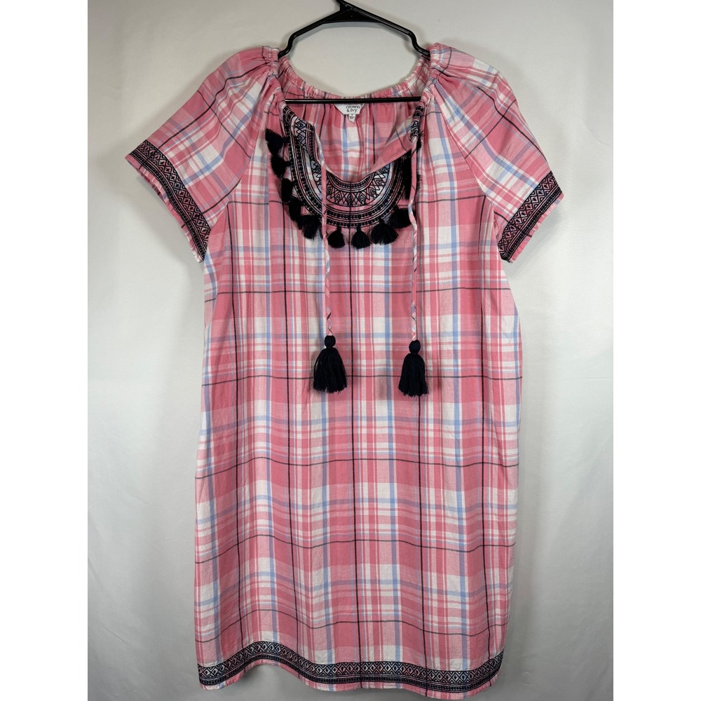 Crown & Ivy Pink Plaid Embroidered Tassel Shift Dress Womens Size 8